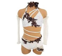 Kmarouse Costume danza moderna con fiori e strass for donna e ragazza | Design halter a fasce con fiori 3D, vita scoperta, schiena aperta, maniche scese e pannello gonna for assoli e scena