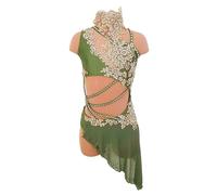 Kmarouse Costume danza moderna con strass for donna e ragazza | Body verde asimmetrico con tulle illusion, schiena a fasce e gonna in chiffon fluido for gare, saggi e assoli