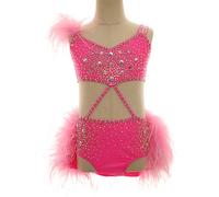 Kmarouse Costume jazz 2 pezzi donna e ragazza con strass e piume | Top corto con doppie spalline, fasce incrociate in vita e shorts con piume for danza jazz, saggi, gare e spettacoli.