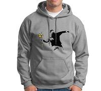KMF T-SHIRT - Felpa Cappuccio Arte Banksy Brocca Bouquet Fiori, Gris, L