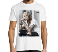 KMF T-SHIRT Maglietta da uomo stampata, design divertente hipster, regalo originale Friki, 100% cotone, motivo Einstein tatuato, bianco, S