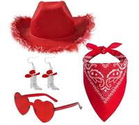 KMFASVX Set di 5 cappelli da cowboy rossi in feltro con finiture in piuma, bandana rossa, occhiali da sole e orecchini a forma di cuore, per feste di addio al nubilato, festival, concerti
