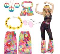 KMFYMPT Costume da donna anni '70, 6 accessori hippie, accessori anni '70, accessori per donne, costume hippy da donna, fascia per occhiali, collana con segno della pace, orecchini, per feste