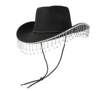 KMGDM Cappello da cowboy con frange e strass per donne e uomini, cappello da spiaggia a tesa larga, cappello da spiaggia, festival musicale, addio al nubilato, copricapo per feste di Halloween, Nero