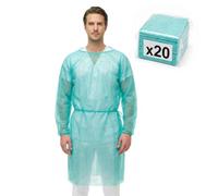 KMINA Camici Monouso Sanitari Verdi per Ospedale, Maniche Lunghe | 20 pz, Usa e Getta in Polipropilene, 115x127 cm, Polsini Elastici, Lacci al Collo e in Vita, Senza Lattice, per Paziente