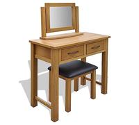 KMTNERVG Tavolo da toeletta con sgabello in legno massiccio di quercia | Con specchio, imbottitura in ecopelle, bordi arrotondati, compensato robusto, set per camera da letto