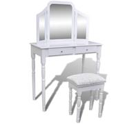 KMTNERVG Tavolo da toeletta con specchio 3 in 1 e sgabello, 2 cassetti | Legno di pino, stile vittoriano, specchio laterale pieghevole, telaio dello specchio rimovibile, facile da montare