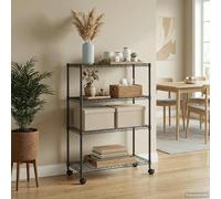 KMUNGDWG Scaffale per carichi pesanti su ruote, nero, 90 x 35 x 142 cm, con 4 ripiani e ruote, scaffale a griglia in ferro per cucina, cantina, garage, officina