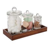 KMwares Set di 3 barattoli piccoli in vetro trasparente di alta qualità con coperchio, accessori da bagno, set di contenitori per lavanderia, organizer per palline di cotone, spugne, Q-Tips con