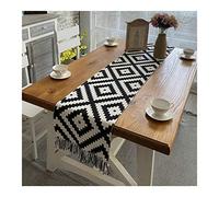 KnBoB Runner da tavolo in cotone e lino, motivo geometrico a puzzle con nappe per matrimoni, eventi, dimensioni 32 x 180 cm