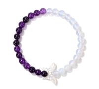 KNDSSMY Bracciale con Perline in Pietra Naturale con Ciondolo a Farfalla, Regolabile, Elastico, in Cristallo Viola e Opale Bianco, da 6mm, per Donne e Ragazze, Regali per Amanti e Amici, 6mm.