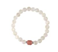 KNDSSMY Bracciale da Donna con Perline in Pietra Naturale Fatto a Mano, Bracciale Elastico in Pietra di Luna Bianca da 7mm con Ciondolo Quadrato in Quarzo Fragola, Adatto per Feste e Matrimoni, 7mm