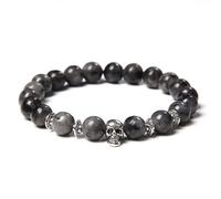 KNDSSMY Bracciale da Uomo con Perline in Pietra Naturale Fatto a Mano, Bracciale Elastico Regolabile in Labradorite Nera da 8mm con Ciondolo a Forma di Teschio Vintage, Regali Dell'Amicizia da 8mm