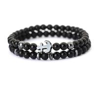 KNDSSMY Bracciale Elastico in Pietra Naturale da Uomo, 2 Pezzi/Set, Bracciale Fatto a Mano in Ossidiana Nera da 6mm con Ciondolo a Forma di Ancora Marina, Regolabiletto, Alla Moda, per Feste, da 6mm