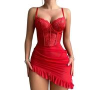 KNDSSMY Lingerie Sexy da Donna, Sottoveste Trasparente in Pizzo Floreale, Canotta con Scollo a V, Camicia da Notte in Tulle Rosso Traslucido, Babydoll con Volant, negligé Rosso M