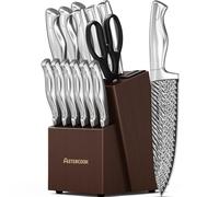 Knife Set, 15 Pieces Kitchen Knife Block Set with Built in Knife Sharpener Block, Dishwasher Safe, German Stainless Steel, Best Gift, Silver
