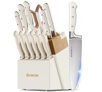 Knife Set,Astercook Kitchen Knife Set with Block 14-Piece Full Tang Stainless Steel Knives with Sharpener Dishwasher Safe and Anti-Slip Ergonomic Handle Elegant Cream White Utensils Set