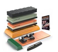 KNIFEPLANET knife sharpening stone set 400/1000 e 3000/8000-grit professionale, sicuro affilacoltelli set whetstone set comprende appiattimento pietra, bambù base, e 2 antiscivolo in gomma