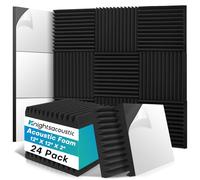 Knightsacoustic Confezione da 24 pannelli fonoassorbenti in schiuma per pareti con autoadesivi, 30 x 30 x 5 cm, pannelli acustici ad alta densità, fonoassorbenti, resistenti al fuoco, colore nero