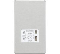 Knightsbridge Presa per rasoio senza viti con doppia USB A+C (5 V DC 2,4 A condiviso) - Cromo spazzolato con inserto bianco