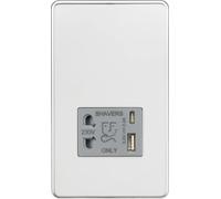 Knightsbridge Presa rasoio senza viti con doppia USB A+C (5V DC 2.4A condivisa) - cromo lucido con inserto grigio