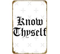 KNIOIL Poster con scritta "Know Thyself" (lingua italiana non garantita) con calligrafia (edizione bianca), vintage, in metallo, con logo per famiglia, club, bar, caffetteria, camera da letto