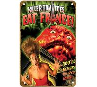 KNIOIL Poster del film Killer Tomatoes Eat France! Targa in metallo vintage con logo Family Club Bar Cafe Camera da letto Decorazione artistica da parete regalo 20,3 x 30,5 cm