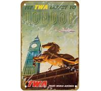 KNIOIL Poster vintage TWA Voli a Londra vintage in metallo con logo Family Club Bar Cafe Camera da letto Decorazione artistica da parete regalo 20,3 x 30,5 cm