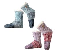 Knitted Ultra-Thick Slipper Home Socks, 2026 New Non-Slip Tri-color Knit Patchwork Non - Slip Warm Winter Socks, Soft (Purple+Blue)