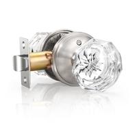 KNOBWELL Pomelli per porta in vetro per camera da letto e bagno, vintage in cristallo trasparente con serratura, pomelli per porte interne in cristallo con rosetta in stile vittoriano, nichel satinato