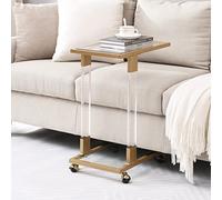 Knocbel Moderno tavolino mobile a forma di C in vetro temperato con struttura in acrilico e metallo, per soggiorno, divano, cocktail, tavolino da tè su ruote (oro)