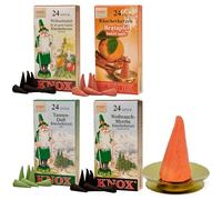 Knox Set di coni di incenso, 4 fragranze (profumo di abete, sirra, profumo di Natale e mela cotta) con portacandele, coni di incenso tradizionali, prodotti in Germania