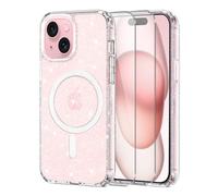 Knrlqim Cover per iPhone 15 Compatibile con MagSafe, Brillantini | Custodia Magnetica Trasparente TPU, con 2x Vetro Temperato 9H, Antiurto, Antigraffio, Glitzer Case per iPhone 15, Anti-Giallo