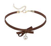 KnSam Choker - Collana girocollo in velluto, con ciondolo a forma di perla, con colletto classico, stile gotico, per donna, colore oro, marrone, 32,7 + 8,3 cm, Acciaio inossidabile, Senza zirconi