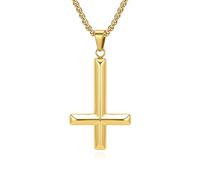 KnSam Collana da uomo in acciaio inox, ciondolo a croce rovesciata a forma di losanga, oro e argento/nero fantasia