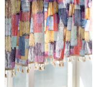 KnSam Tenda da bistrò in voile, astratta, geometrica, con nappa, multicolore, 1 pezzo, in cotone, lino, semitrasparente, in voile, 90 x 60 cm (altezza x larghezza)
