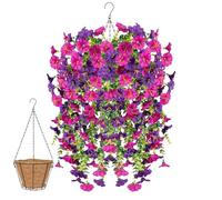 Knubbuf 2Pcs Artificial Hanging Flowers, 76cm UV Resistant Hanging Artificial Morning Glory Vine, Fake Trailing Plants Outdoor with Baskets for Wedding Garden Yard Home Decor (Rose Red)