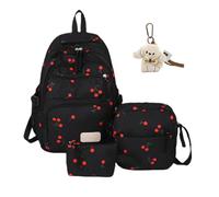 Knubbuf 3 Piece Bow Backpack Set for Girls, Cute Kawaii Bow Backpack for Girls, Aesthetic Large Capacity School Bags for Girls, Girl School Bag and Lunch Box Set (Cherry Black)