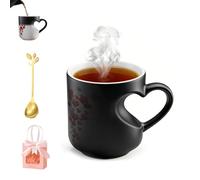 Knubbuf Heart-Shaped Color Changing Ceramic Mug, Red Heart Mug Patterned Heat Sensitive Color Changing, Heart-Shaped Handle Ceramic Coffee Mug, for Valentine’s, Anniversaries & Birthdays (Black)