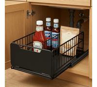 Knubbuf Heavy Duty Carbon Steel Pull Out Kitchen Cupboard Organiser, Drill-Free Slide Out Under Sink Storage Drawer with Removable Divider for Bathroom Pantry Cabinets (Black,30x18x43cm)