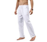 Knubbuf Mens Casual Pants Linen Elastic Waist Drawstring Lightweight Pants Loose Fit Summer Beach Yoga Trouser with Pockets (White,XL)