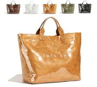 Knubbuf Women's Letters Print Tote Bag, PVC Tote Bags for Women Large, Large Kraft Paper Tote Bag, Waterproof Shoulder Bag (Khaki)