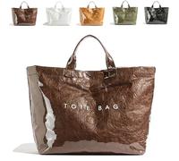 Knubbuf Women's Letters Print Tote Bag, PVC Tote Bags for Women Large, Large Kraft Paper Tote Bag, Waterproof Shoulder Bag (Coffee)