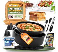 KNUSPERLIEBE® Set di accessori per friggitrice ad aria calda XXL con carta da forno 20 - 25 cm, 5 - 7,3 l, 18 pezzi per Airfryer, COSORI 5,5 l, Philips 7,3 l, Tefal, Cecotec 5,5 l, 6 l, Princess, 23
