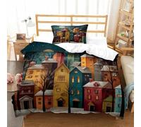 KNZVCXUEH Comforter Tante Case 3D Di Set Di Biancheria Da Letto A Tema Notte nella Piccola Città Set Con Stampa 2PZ in Microfibra Single(135x200cm)
