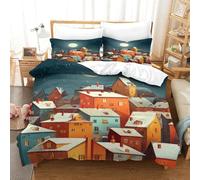 KNZVCXUEH Comforter Tante Case Motivo Stampato in 3D Notte nella Piccola Città Set 3 Pezzi in Microfibra Copripiumino Personalizzato Morbido Single(140x200cm)