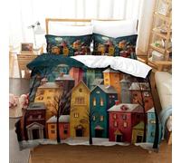 KNZVCXUEH Copripiumino Tante Case 3D Di Set Di Biancheria Da Letto A Tema Notte nella Piccola Città Set Con Stampa 3PZ Trapuntino in Microfibra Super King(260x220cm)