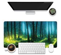 KOAIWPAE Tappetino da scrivania, grande tappetino per mouse da gioco con foresta notturna e lucciole verdi, 80 x 39,9 cm, grande tastiera per computer con base antiscivolo e bordo cucito