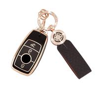 Koaudb Auto chiave di copertura per Mercedes Benz A B C E G S SL CLS Classe SLC CLA GLB GLC GLE GLS AMG 3 pulsanti Soft TPU Smart Case Cover con portachiavi in pelle oro nero (C-BP-Bz-3L)