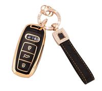 Koaudb Auto Portachiavi Cover per Audi A6 A6L A7 A8 A8L Q7 Q8 S6 S7 SQ7 SQ8 RS6 RS7 E-Tron Key Case Cover Soft TPU Key Case Shells 3 pulsanti con portachiavi in pelle Cordino Nero Oro (BP-Ad-3L)